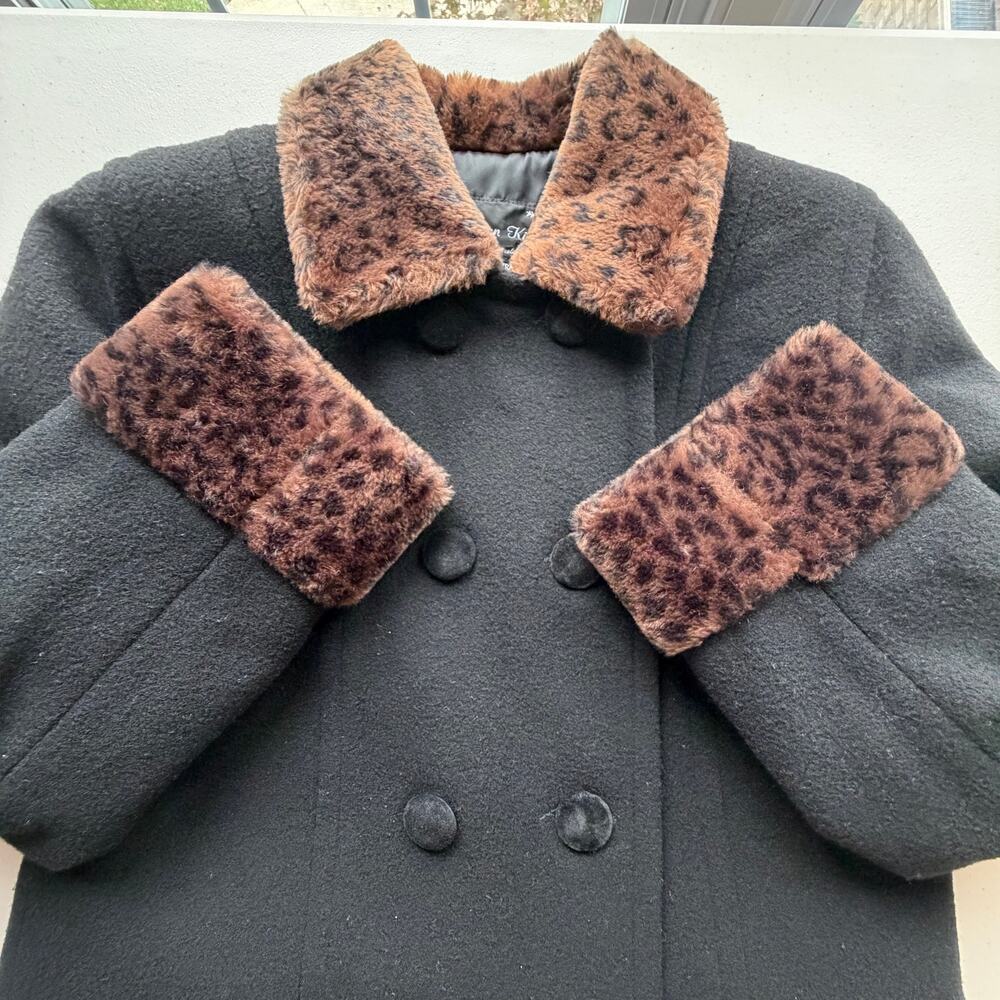 Vintage Braetan Kids Girls Size 16 Black Wool Coat Leopard Faux Fur Trim